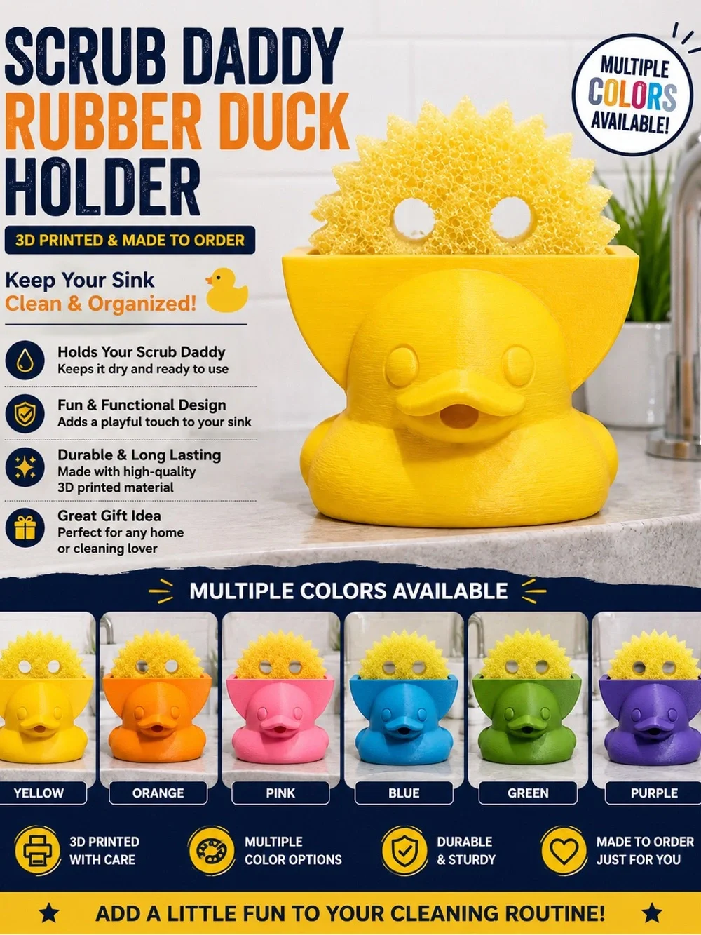 3D Printed Scrub Daddy Rubber Duck Sponge Holder